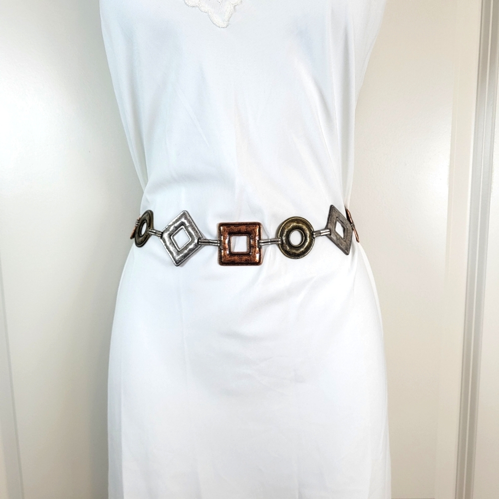 Women's Adjustable Abstract Shape Mixed Metal Dangle Chain Belt - Size M/L - Picture 2 of 3